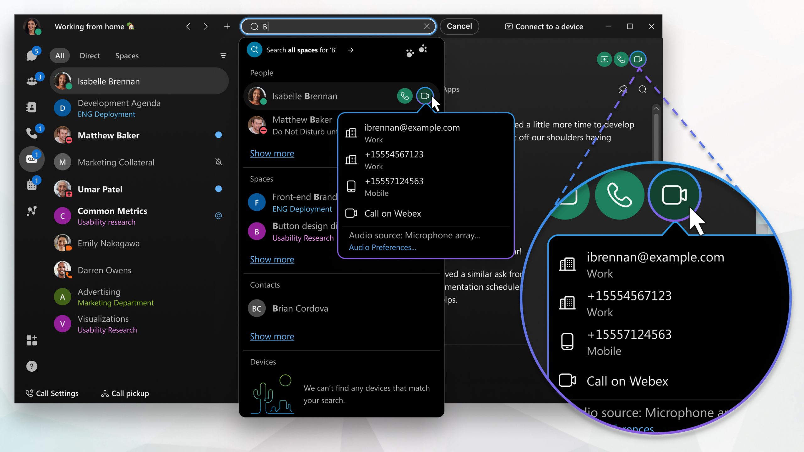 Webex App profile call options